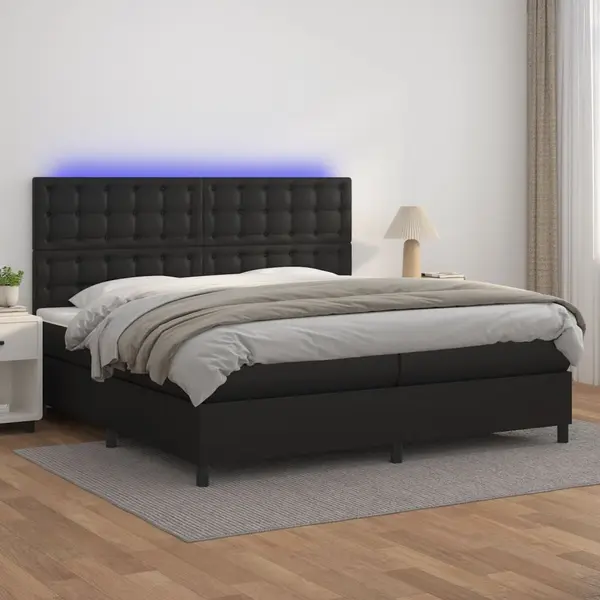 Gossi pat cu arcuri, saltea si led, negru, 200x200cm, piele ecologica
