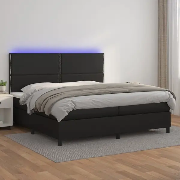 Gossi pat cu arcuri, saltea si led, negru, 200x200cm, piele ecologica