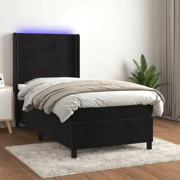 Gossi pat cu arcuri, saltea si led, negru, 90x190 cm, catifea