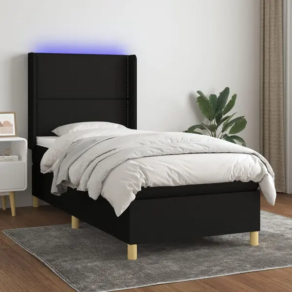 Gossi pat cu arcuri, saltea si led, negru, 90x190 cm, textil