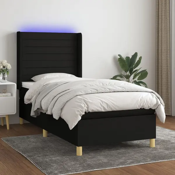Gossi pat cu arcuri, saltea si led, negru, 90x190 cm, textil