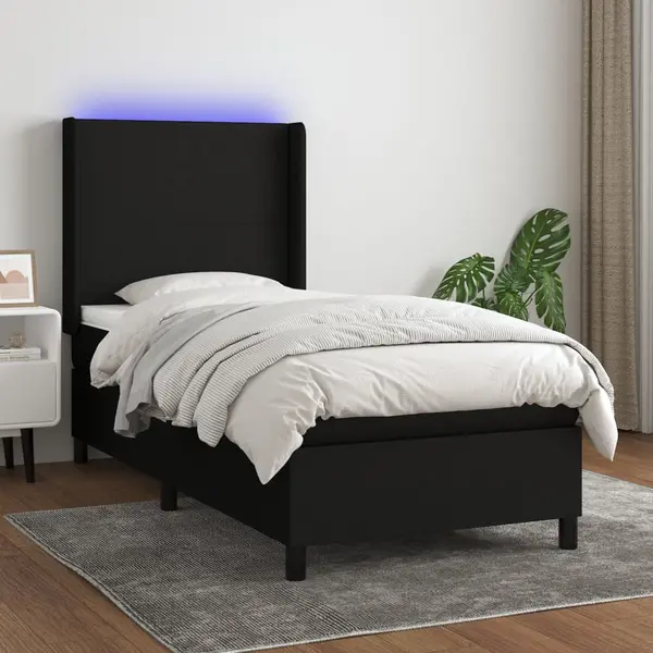 Gossi pat cu arcuri, saltea si led, negru, 90x190 cm, textil