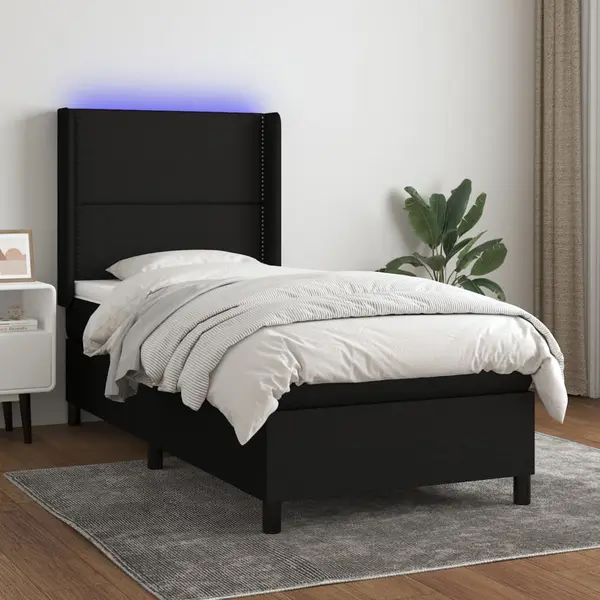 Gossi pat cu arcuri, saltea si led, negru, 90x190 cm, textil