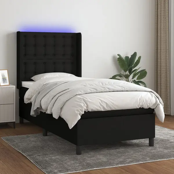 Gossi pat cu arcuri, saltea si led, negru, 90x190 cm, textil