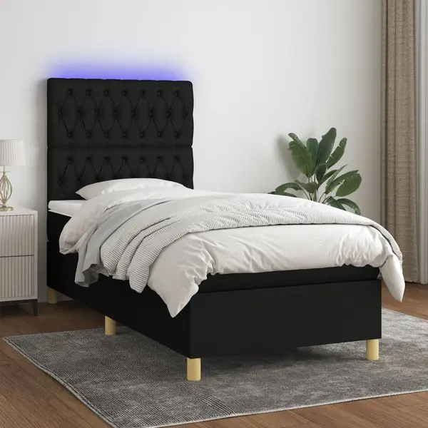 Gossi pat cu arcuri, saltea si led, negru, 90x190 cm, textil