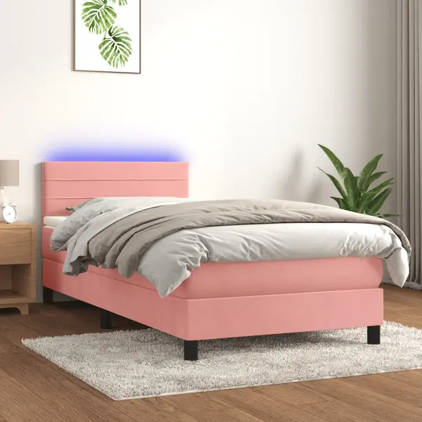 Gossi pat cu arcuri, saltea si led, negru, 90x200 cm, catifea