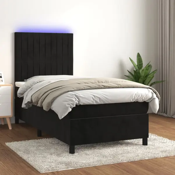 Gossi pat cu arcuri, saltea si led, negru, 90x200 cm, catifea