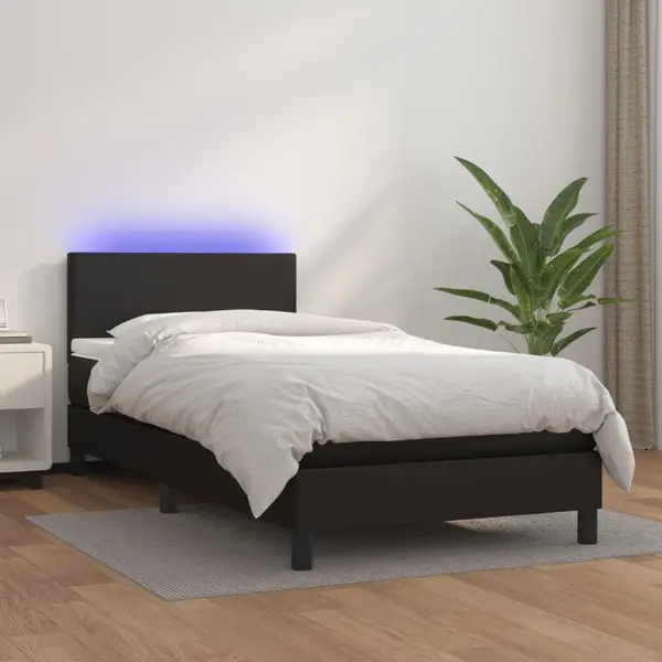 Gossi pat cu arcuri, saltea si led, negru, 90x200 cm, piele ecologica