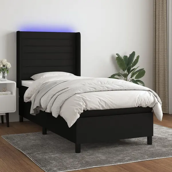 Gossi pat cu arcuri, saltea si led, negru, 90x200 cm, textil