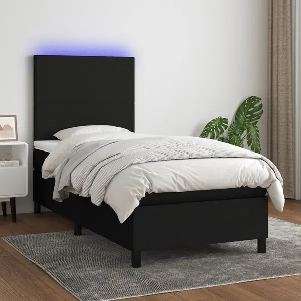 Gossi pat cu arcuri, saltea si led, negru, 90x200 cm, textil