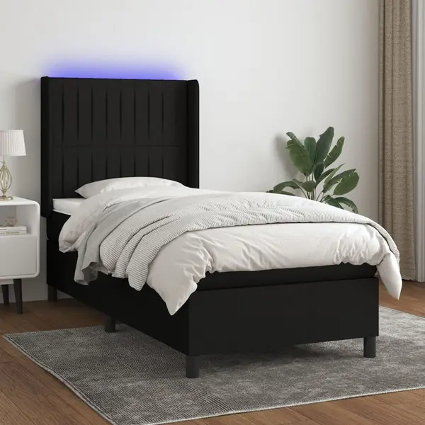 Gossi pat cu arcuri, saltea si led, negru, 90x200 cm, textil