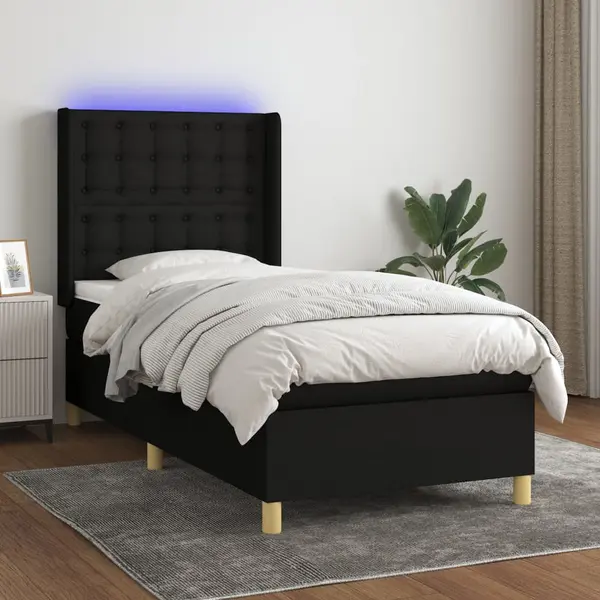 Gossi pat cu arcuri, saltea si led, negru, 90x200 cm, textil
