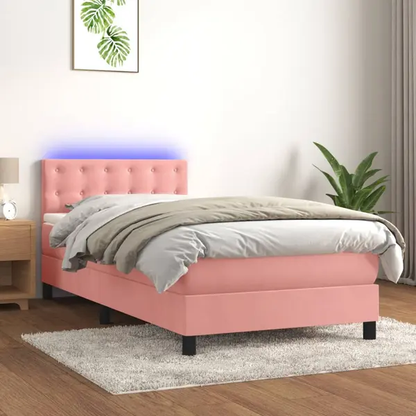 Gossi pat cu arcuri, saltea si led, roz, 90x190 cm, catifea