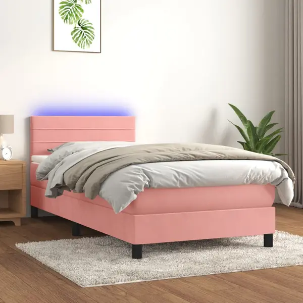 Gossi pat cu arcuri, saltea si led, roz, 90x190 cm, catifea