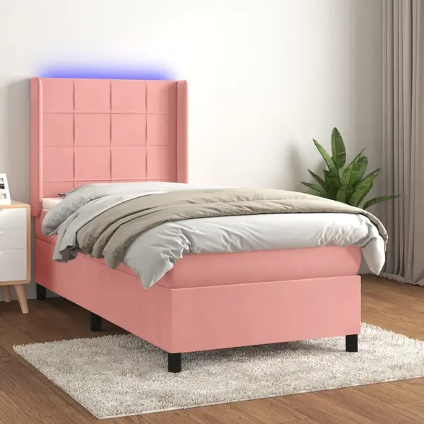 Gossi pat cu arcuri, saltea si led, roz, 90x190 cm, catifea