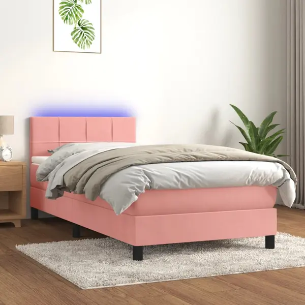 Gossi pat cu arcuri, saltea si led, roz, 90x190 cm, catifea