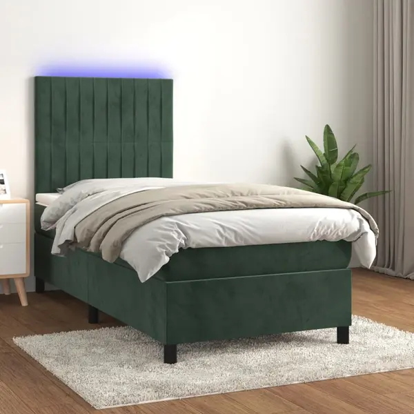 Gossi pat cu arcuri, saltea si led, verde, 90x200 cm, catifea