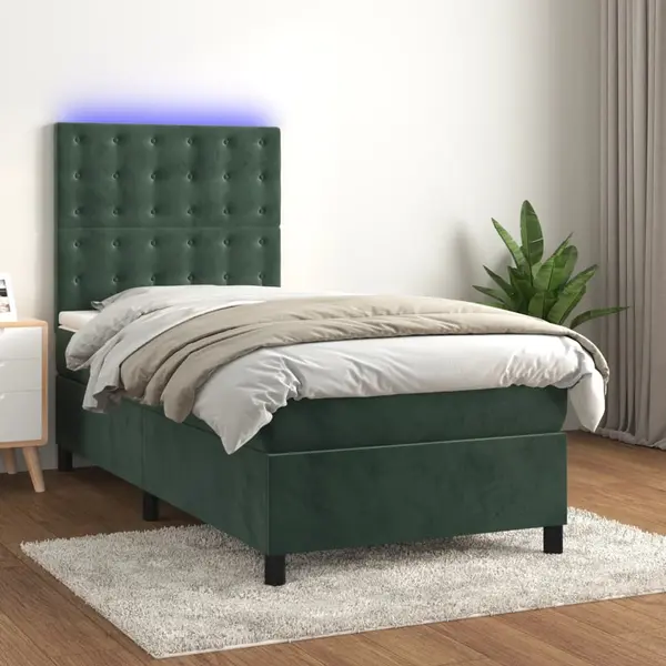 Gossi pat cu arcuri, saltea si led, verde inchis, 100x200 cm, catifea