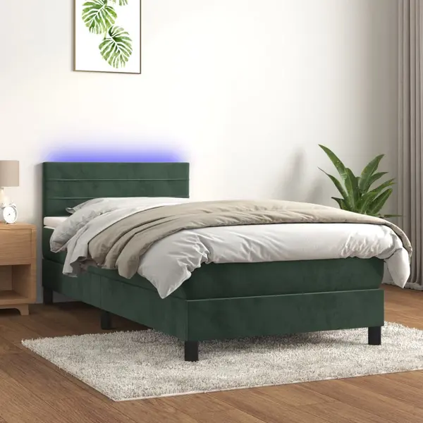 Gossi pat cu arcuri, saltea si led, verde inchis, 100x200 cm, catifea