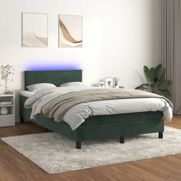 Gossi pat cu arcuri, saltea si led, verde inchis, 120x200 cm, catifea