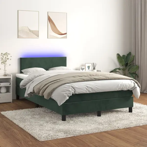 Gossi pat cu arcuri, saltea si led, verde inchis, 120x200 cm, catifea