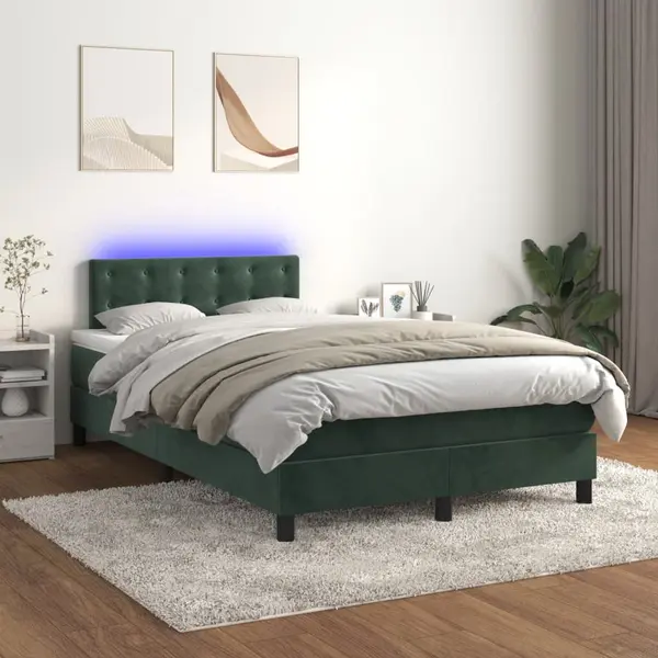 Gossi pat cu arcuri, saltea si led, verde inchis, 120x200 cm, catifea