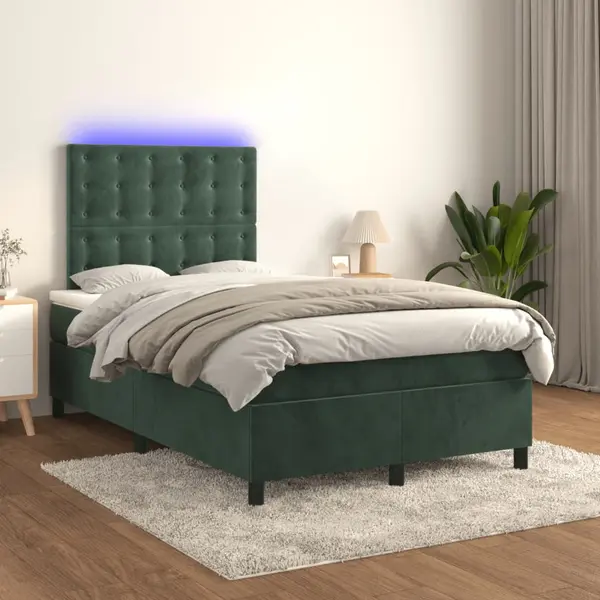Gossi pat cu arcuri, saltea si led, verde inchis, 120x200 cm, catifea