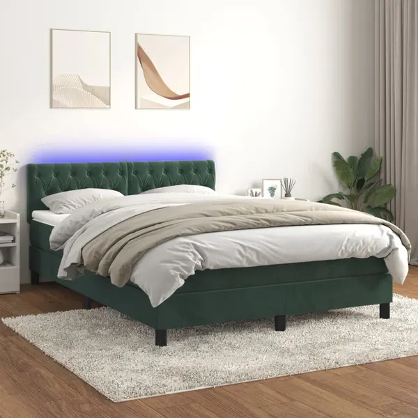 Gossi pat cu arcuri, saltea si led, verde inchis, 140x190 cm, catifea
