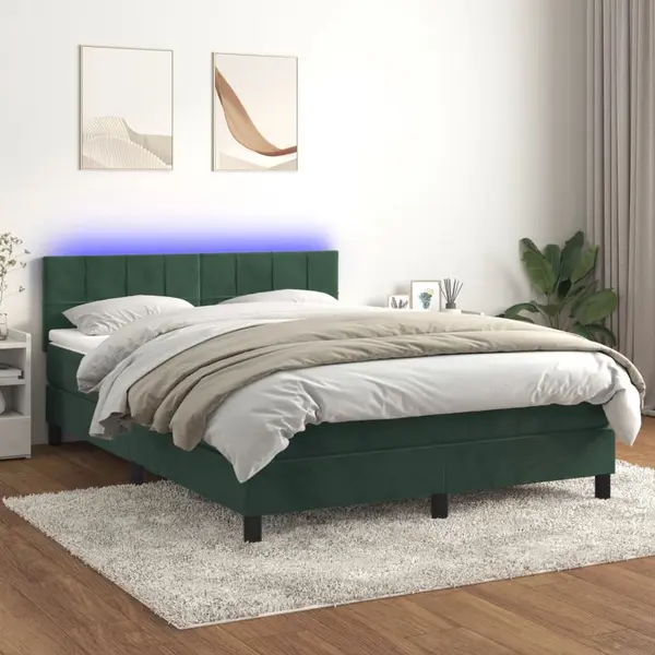 Gossi pat cu arcuri, saltea si led, verde inchis, 140x190 cm, catifea