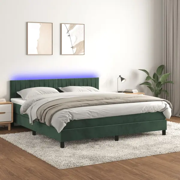 Gossi pat cu arcuri, saltea si led, verde inchis, 180x200 cm, catifea