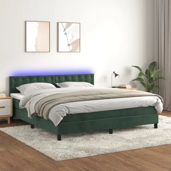 Gossi pat cu arcuri, saltea si led, verde inchis, 180x200 cm, catifea