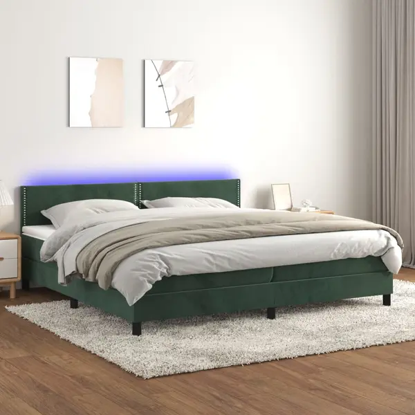 Gossi pat cu arcuri, saltea si led, verde inchis, 200x200 cm, catifea
