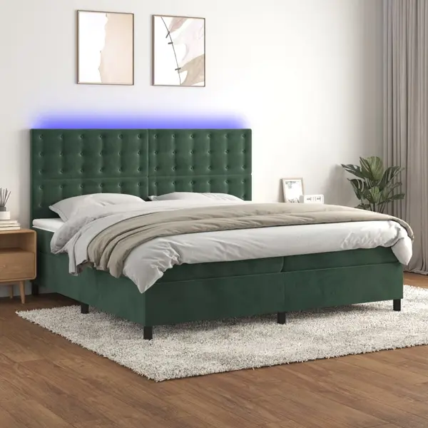 Gossi pat cu arcuri, saltea si led, verde inchis, 200x200 cm, catifea