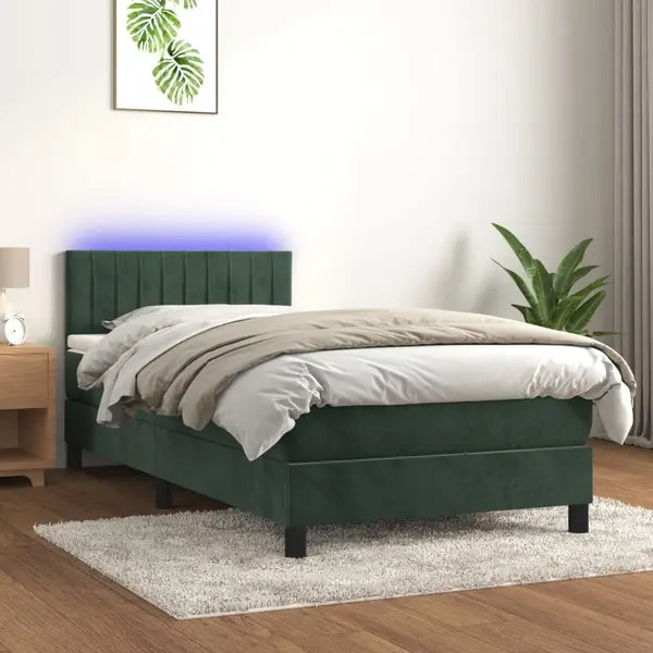 Gossi pat cu arcuri, saltea si led, verde inchis, 90x190 cm, catifea