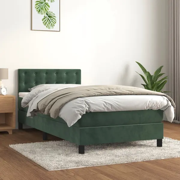 Gossi pat cu arcuri, saltea si led, verde inchis, 90x190 cm, catifea