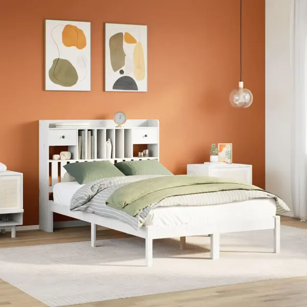 Gossi pat cu biblioteca fara saltea, alb, 135x190 cm, lemn masiv pin