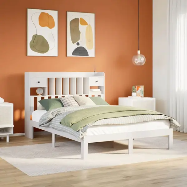 Gossi pat cu biblioteca fara saltea, alb, 150x200 cm, lemn masiv pin