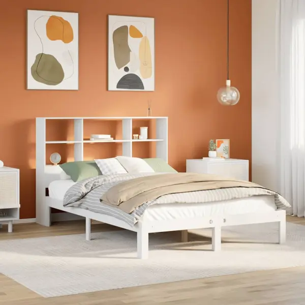 Gossi pat cu biblioteca fara saltea, alb, 160x200 cm, lemn masiv pin