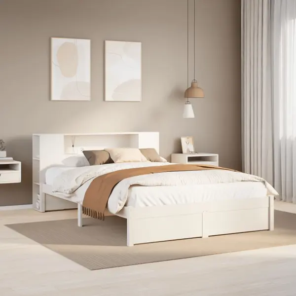 Gossi pat cu biblioteca fara saltea, alb, 160x200 cm, lemn masiv pin