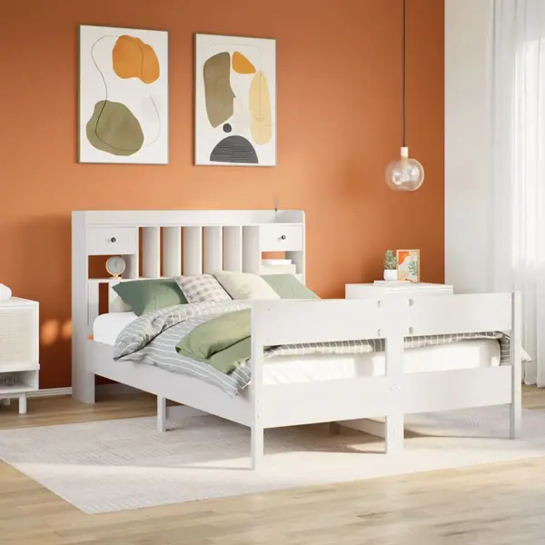 Gossi pat cu biblioteca fara saltea, alb, 160x200 cm, lemn masiv pin