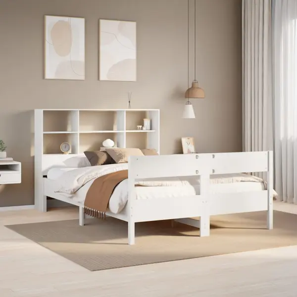 Gossi pat cu biblioteca fara saltea, alb, 160x200 cm, lemn masiv pin