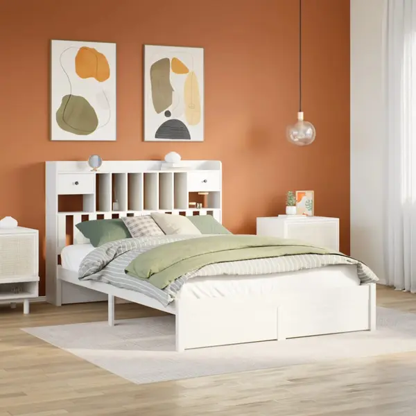 Gossi pat cu biblioteca fara saltea, alb, 160x200 cm, lemn masiv pin