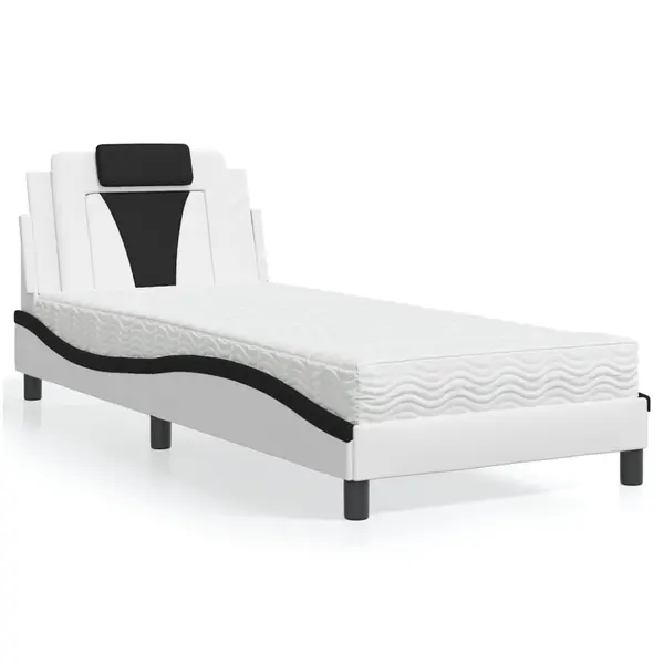 Gossi pat cu saltea, alb si negru, 90x190 cm, piele ecologica