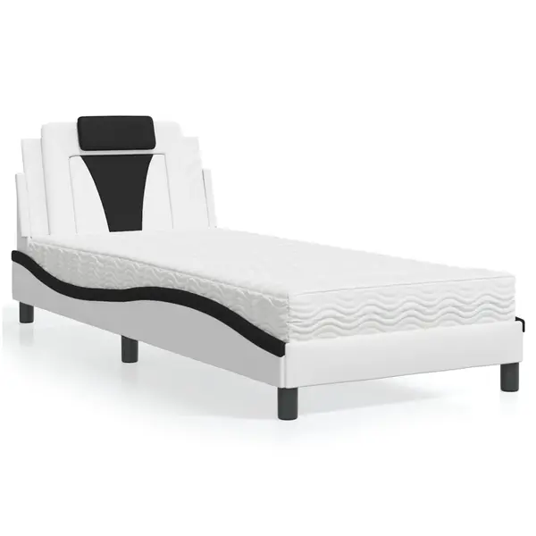 Gossi pat cu saltea, alb si negru, 90x200 cm, piele ecologica