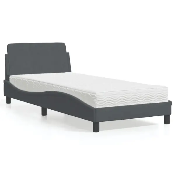 Gossi pat cu saltea, gri inchis, 90x190 cm, catifea