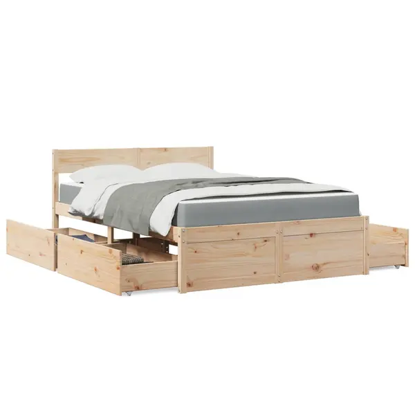 Gossi pat cu sertare si saltea, 140x190 cm, lemn masiv pin