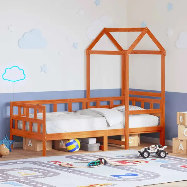 Gossi pat de zi cu acoperis maro ceruit 90x200cm lemn masiv pin