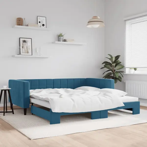 Gossi pat de zi cu extensie, albastru, 100x200 cm, catifea