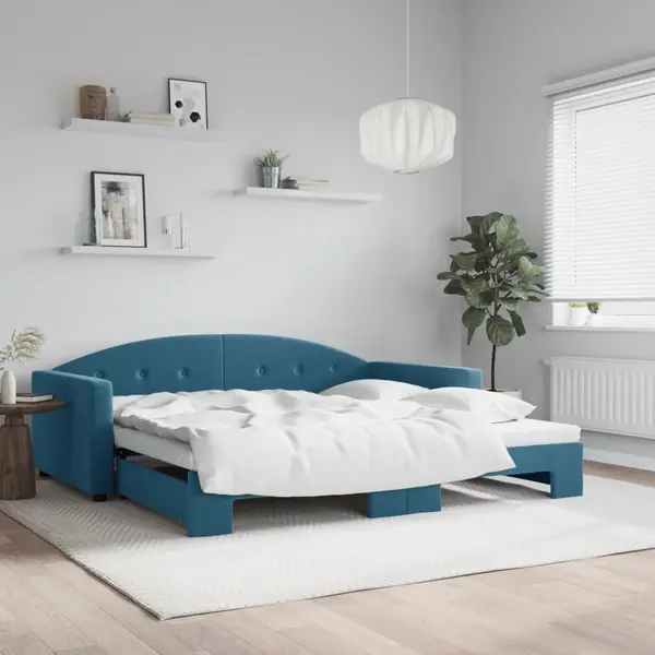 Gossi pat de zi cu extensie, albastru, 100x200 cm, catifea