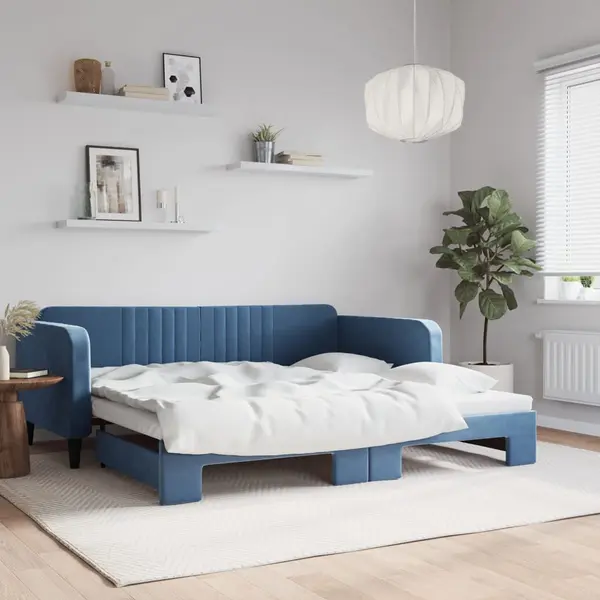 Gossi pat de zi cu extensie, albastru, 100x200 cm, catifea